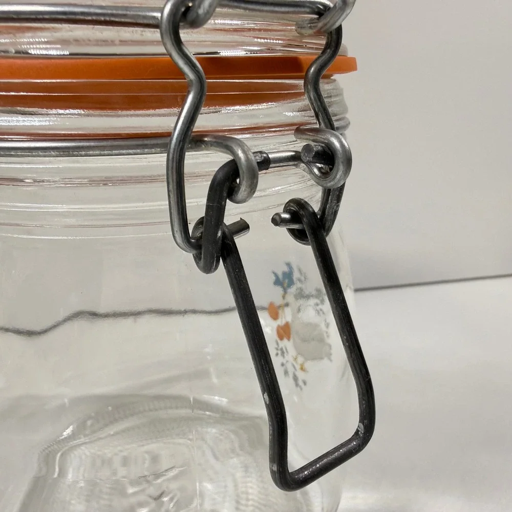 Vintage 80s Arc France GOOSE & CHERRIES Glass Canister 3/4L Wire Bail Jar NICE
